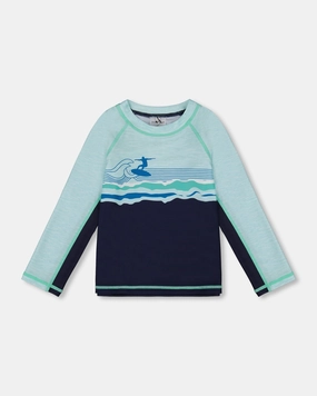 Long Sleeve Rashguard Navy Blue And Turquoise boys swimwear sets, boys swim trunks