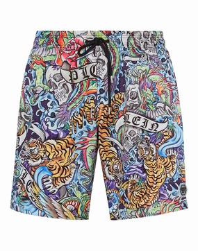 Long Swim Boxers Tattoo mens beach swimwear, quick dry mens swimsuits