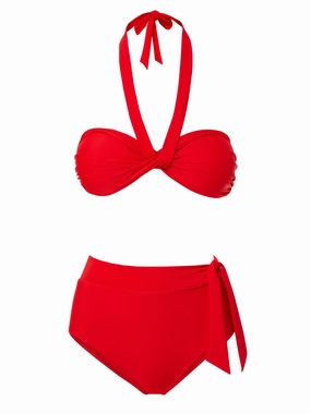 Loryn Top   Side Tie High Waist Bottom in Cherry Red bikini bottom with tie sides, swim top for sunbathing