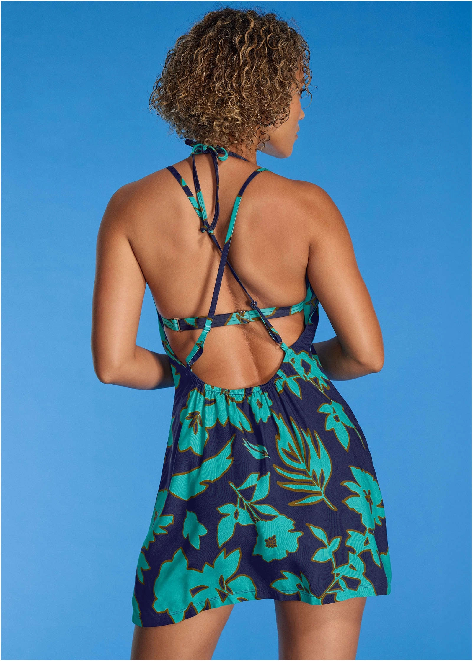 Low Back Cover-Up Dress - Blue Block Floral
