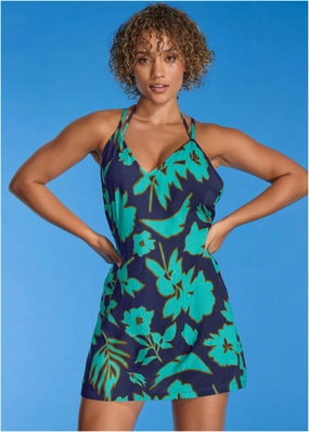 Low Back Cover-Up Dress - Blue Block Floral everyday swimwear for women, casual swim outfits ladies