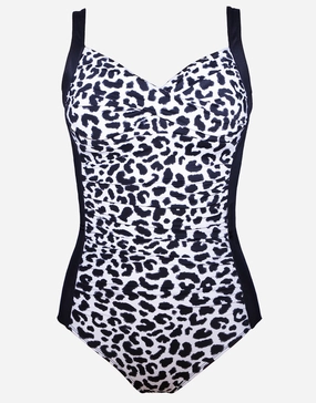 Lucille Longer Length Swimsuit - Black and Leopard padded swimwear for women, padded bikini tops