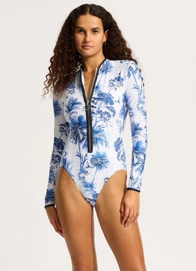 Marbella Zip Front Surf Suit - White Trellis affordable swimwear for women, chic swimsuits for women