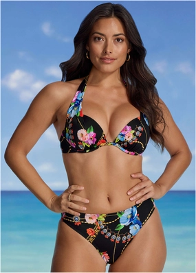Marilyn Push-Up Halter Top - Beaded Floral bandeau bikini tops, triangle swim tops