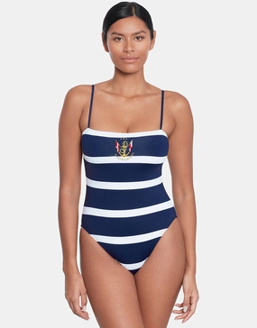 Mariner Stripe Embroidered Square Neck Swimsuit - Navy and White womens resort swimwear, flattering one-piece swimsuits