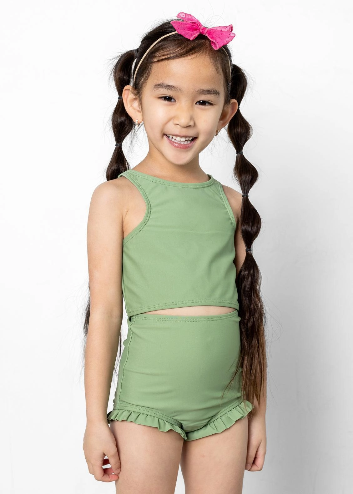 Meadow Green | Mini All Ruffled Up Bottoms girls full coverage swimwear, kids swimwear for pool
