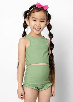 Meadow Green | Mini All Ruffled Up Bottoms girls full coverage swimwear, kids swimwear for pool