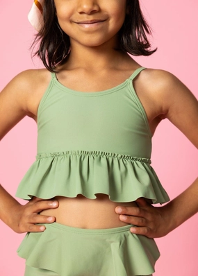 Meadow Green | Mini Peplum Top girls full coverage swimwear, kids swimwear for pool