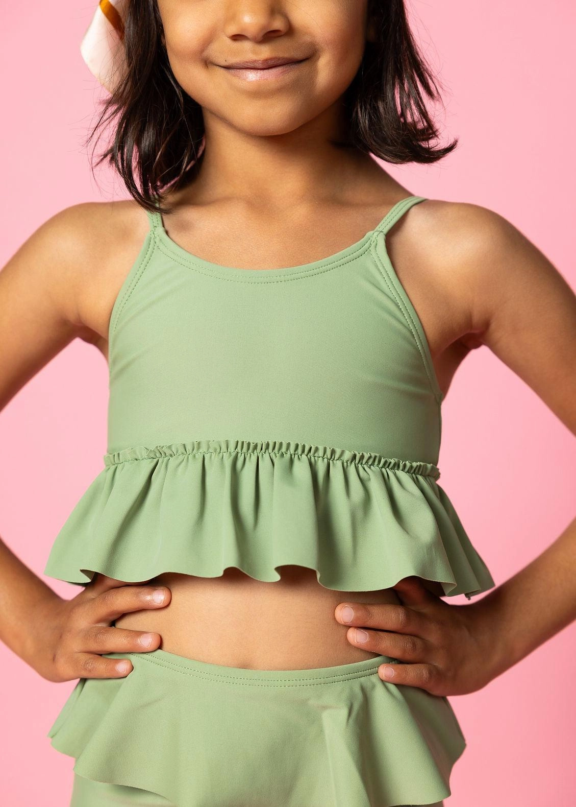 Meadow Green | Mini Peplum Top girls full coverage swimwear, kids swimwear for pool