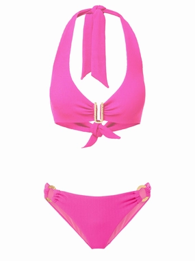 Melissa Top   Ring Trim Bottom in Shocking Pink Texture bikini bottom with tie sides, swim top for sunbathing