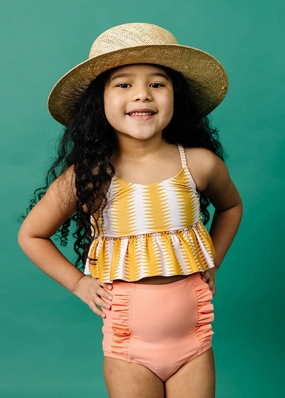 Melon | Mini Down in Front Ruffle Bottoms girls full coverage swimwear, kids swimwear for pool