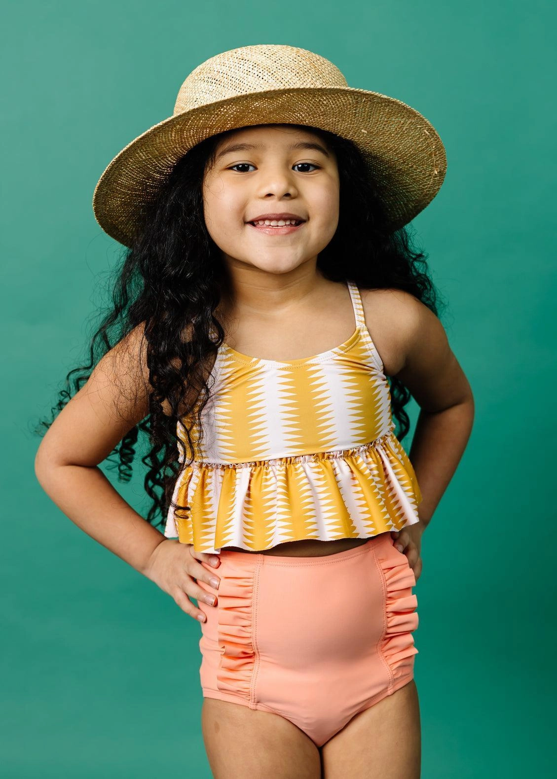 Melon | Mini Down in Front Ruffle Bottoms girls full coverage swimwear, kids swimwear for pool