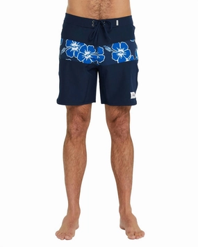 Men's Boardrider Boardshorts In Navy Hibiscus Stripe mens full coverage swimwear, stylish mens swim trunks