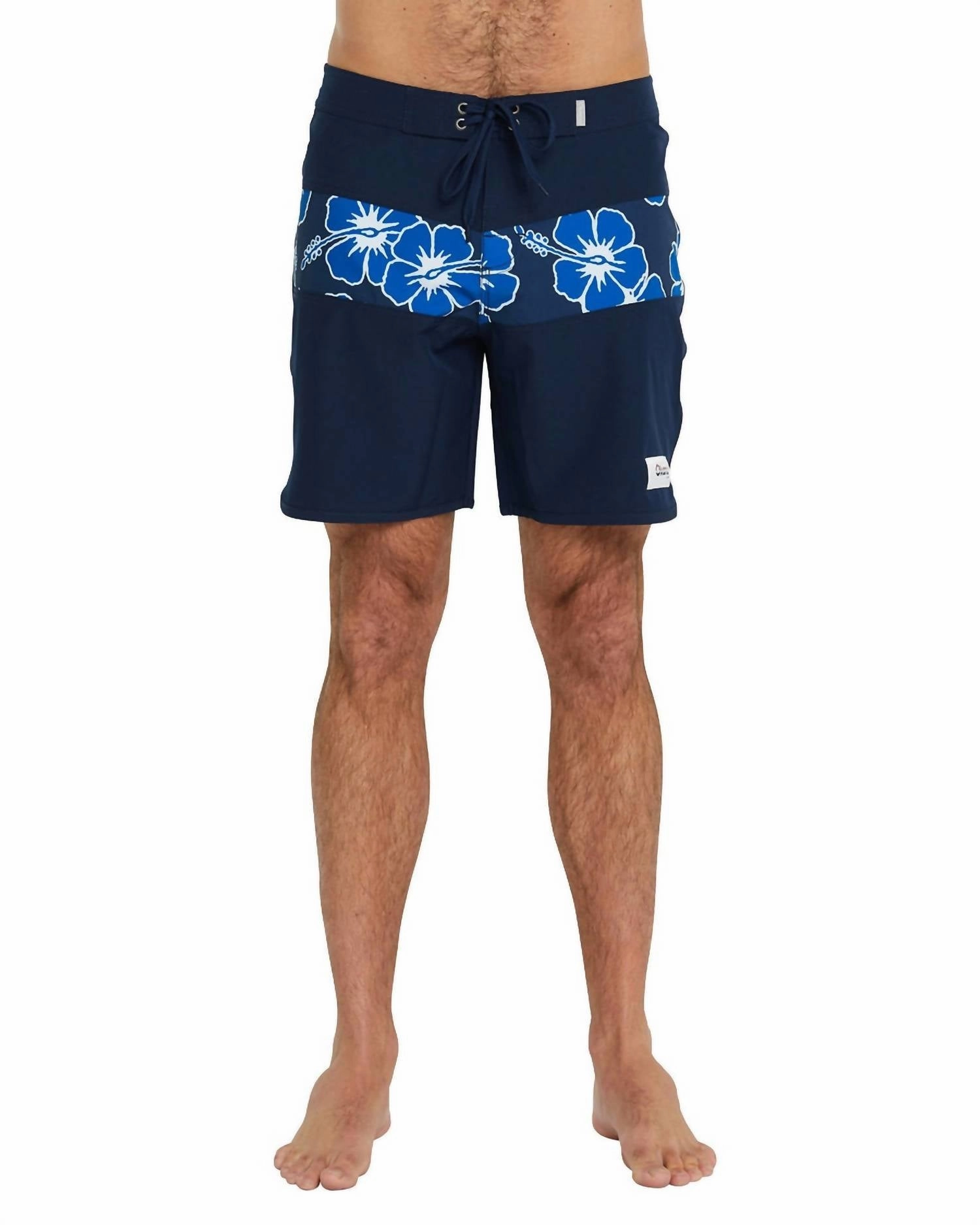 Men's Boardrider Boardshorts In Navy Hibiscus Stripe mens full coverage swimwear, stylish mens swim trunks