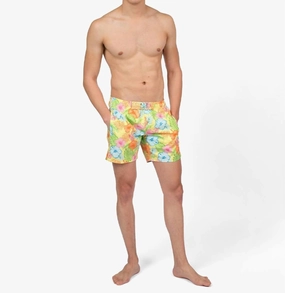 Men's Happy Hula Swim Trunks In Yellow mens full coverage swimwear, stylish mens swim trunks