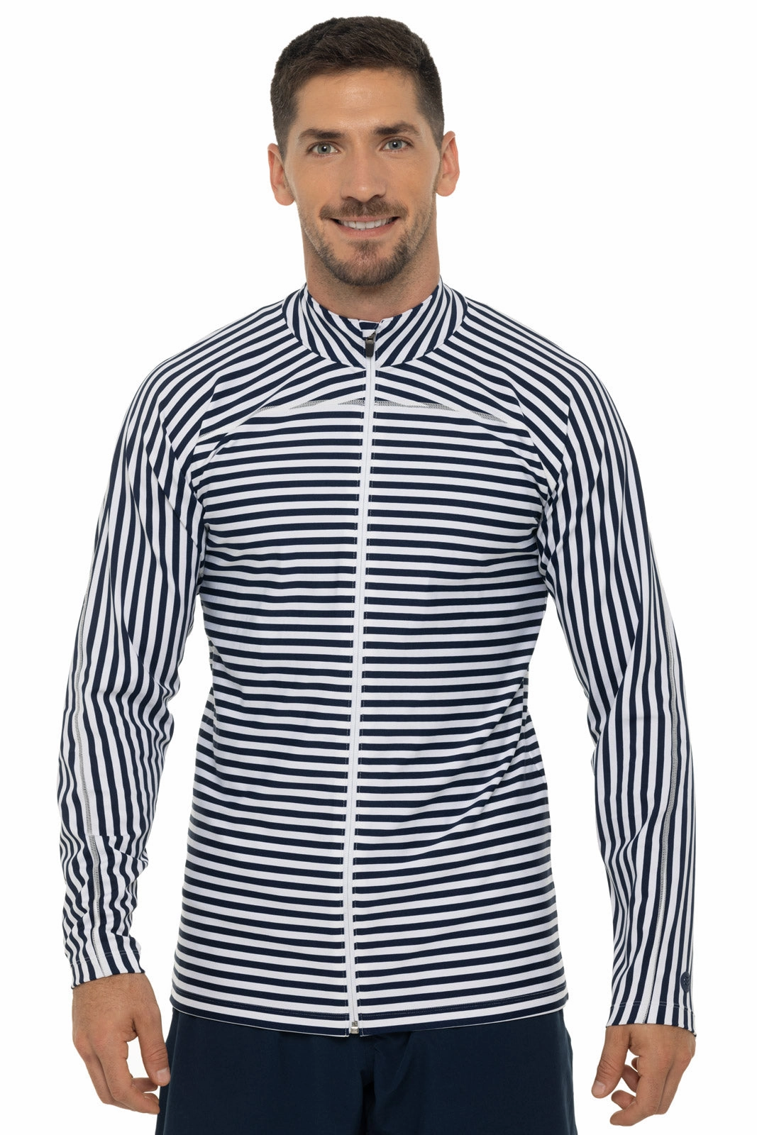 Men's Menorca Long Sleeve Water Jacket | White/Navy Stripe men's full coverage swimwear, casual swimwear for men