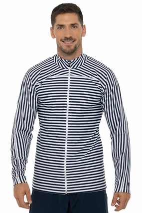 Men's Menorca Long Sleeve Water Jacket | White/Navy Stripe men's full coverage swimwear, casual swimwear for men