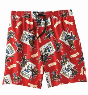 Men's Mesh Lined Western Rodeo Swim Trunks In Red mens full coverage swimwear, stylish mens swim trunks