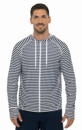 Men's Ocala Swim Hoodie | White/Navy Stripe men's full coverage swimwear, casual swimwear for men