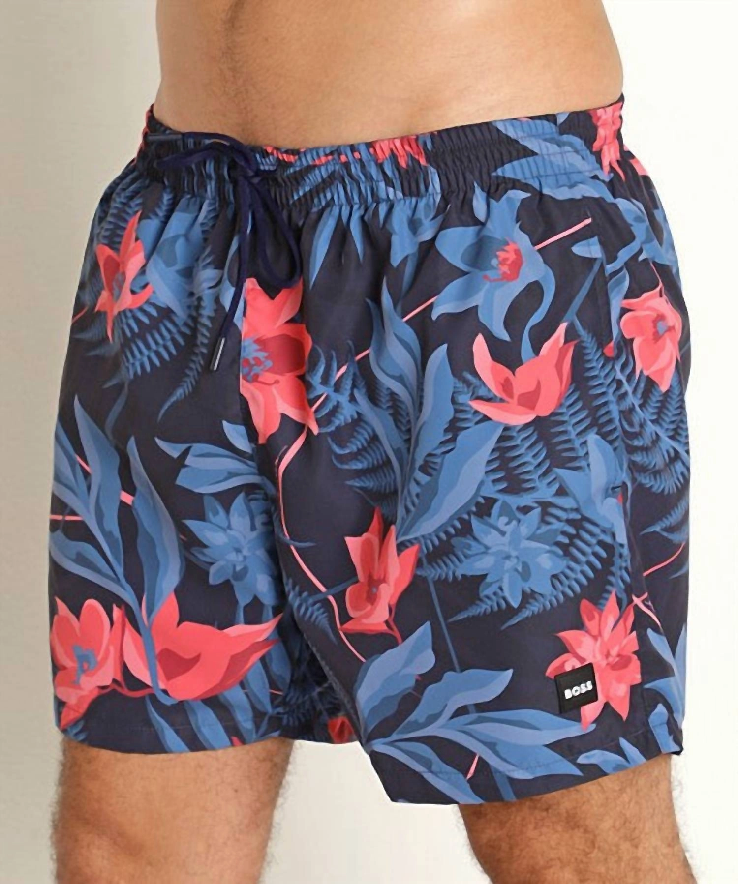Men's Standard Piranha Tropical Print Swim Trunks In Navy mens full coverage swimwear, stylish mens swim trunks