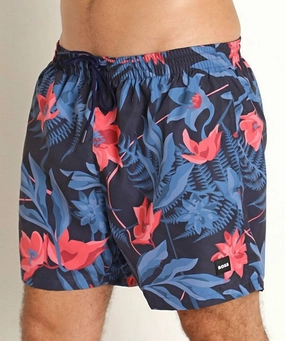 Men's Standard Piranha Tropical Print Swim Trunks In Navy mens full coverage swimwear, stylish mens swim trunks