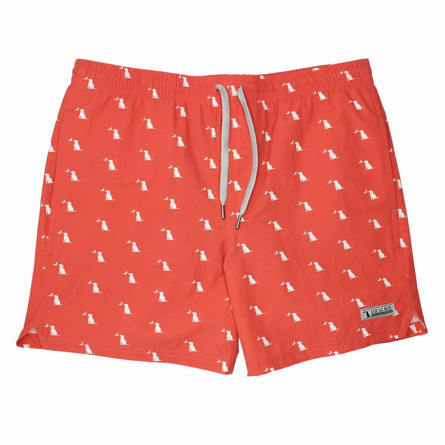 Men's Swim Trunks In Dog & Moon Salmon mens full coverage swimwear, stylish mens swim trunks