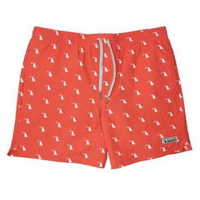 Men's Swim Trunks In Dog & Moon Salmon mens full coverage swimwear, stylish mens swim trunks