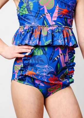 Midnight Jungle | Youth Down in Front Ruffle Bottoms cute girls swimsuits, stylish swimwear for girls