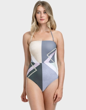 Modern Art Bandeau Swimsuit - Multi Grey bandeau swimsuits for women, strapless swimwear tops