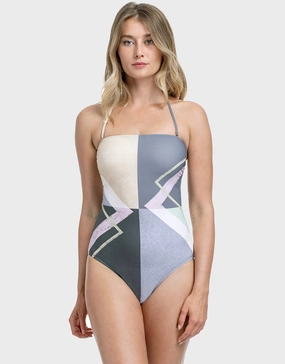 Modern Art Bandeau Swimsuit - Multi Grey pool-ready swimwear for women, trendy swimwear collection