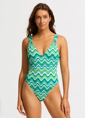 Neue Wave V Neck One Piece - Jade slimming one piece swimsuits, fashionable one piece suits