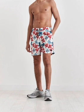 Noden Swim Short In Red Blue Floral Seersucker mens full coverage swimwear, stylish mens swim trunks