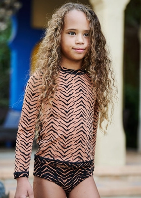 Oceanside Unisex Child's Rashguard Swim Top - Tiger Switch Print cute swimsuits for teen girls, modest teen swimwear