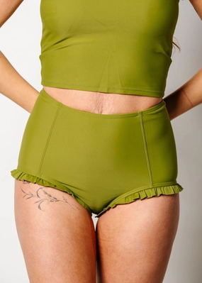 Olive Green | All Ruffled Up Bottoms elastic waistband swim bottoms, mix-and-match bikini bottoms