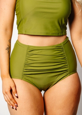 Olive Green | Ruched Bottoms 2.0 elastic waistband swim bottoms, mix-and-match bikini bottoms