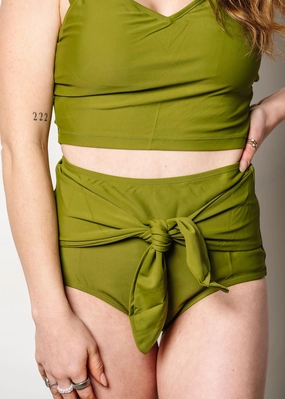 Olive Green | Tie-Up-Front Bottoms elastic waistband swim bottoms, mix-and-match bikini bottoms