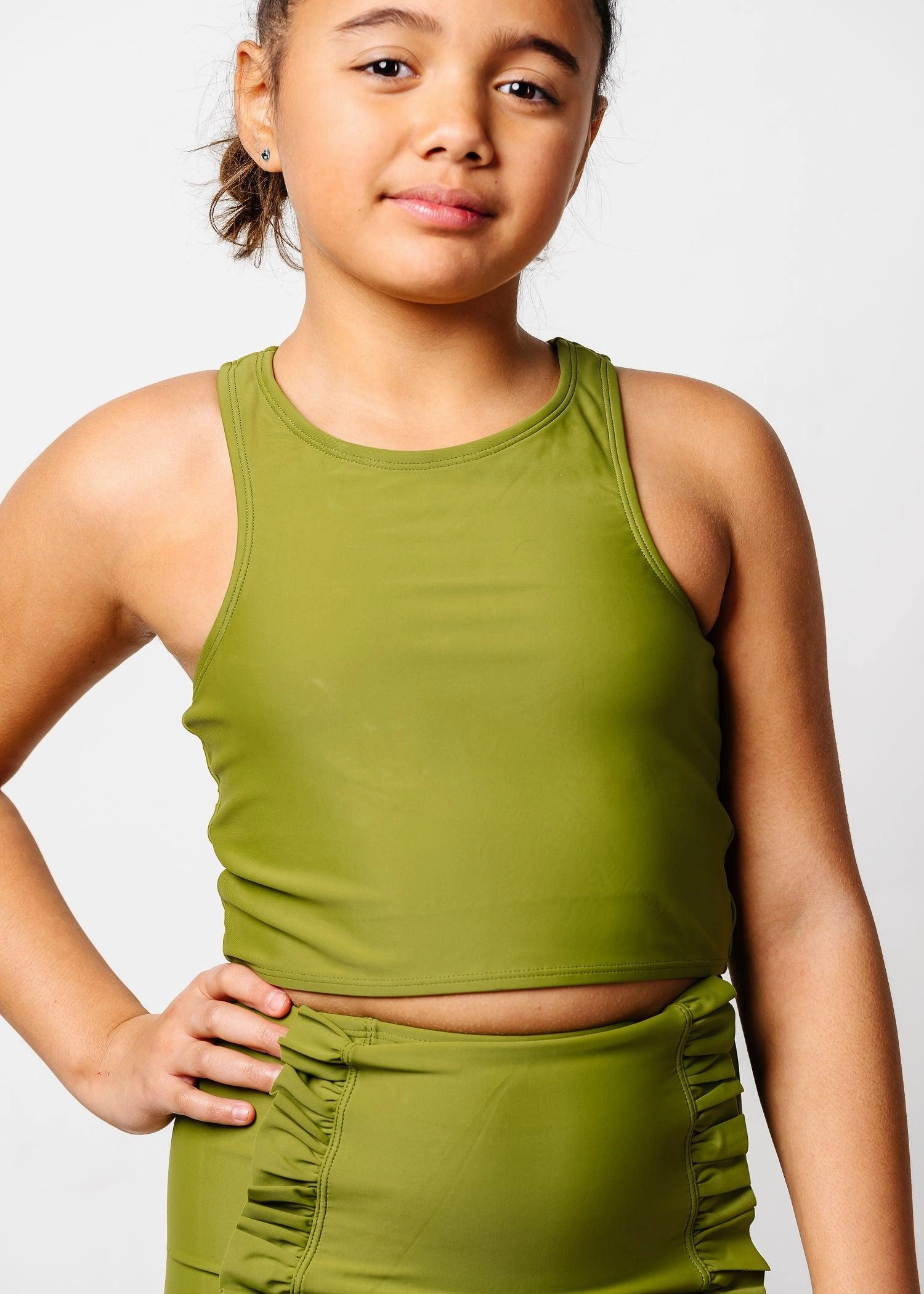 Olive Green | Youth Racer Back Top cute girls swimsuits, stylish swimwear for girls