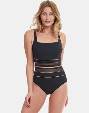 Onyx Square Neck Tank Swimsuit - Black and Gold tummy control swimwear women, slimming swimsuits
