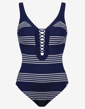 Pace Plunge Swimsuit - Navy White underwired swimsuits for women, supportive swimwear tops