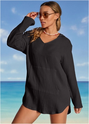 Pack And Go Hoodie - Black plain swimwear women, minimalist swimsuits