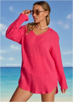 Pack And Go Hoodie - Raspberry plain swimwear women, minimalist swimsuits