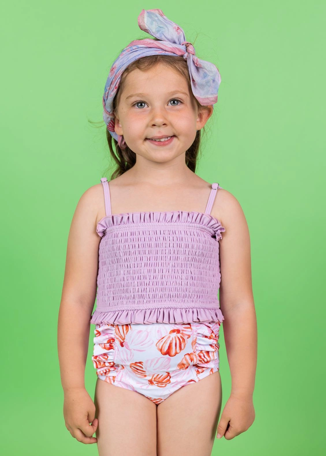 Painted Clams | Youth Down in Front Ruffle Bottoms cute girls swimsuits, stylish swimwear for girls
