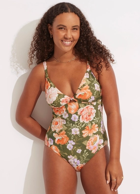 Paradise Garden Tab Front One Piece - Avocado modern womens swimwear, one piece swimsuits women