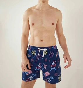 Patriotic Lights Swim Trunks In Blue mens full coverage swimwear, stylish mens swim trunks