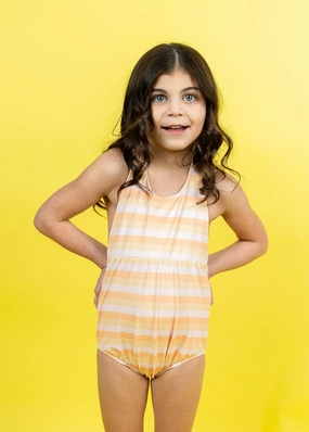 Peachy Stripe | Mini Romper One-Piece cute girls swimsuits, stylish swimwear for girls