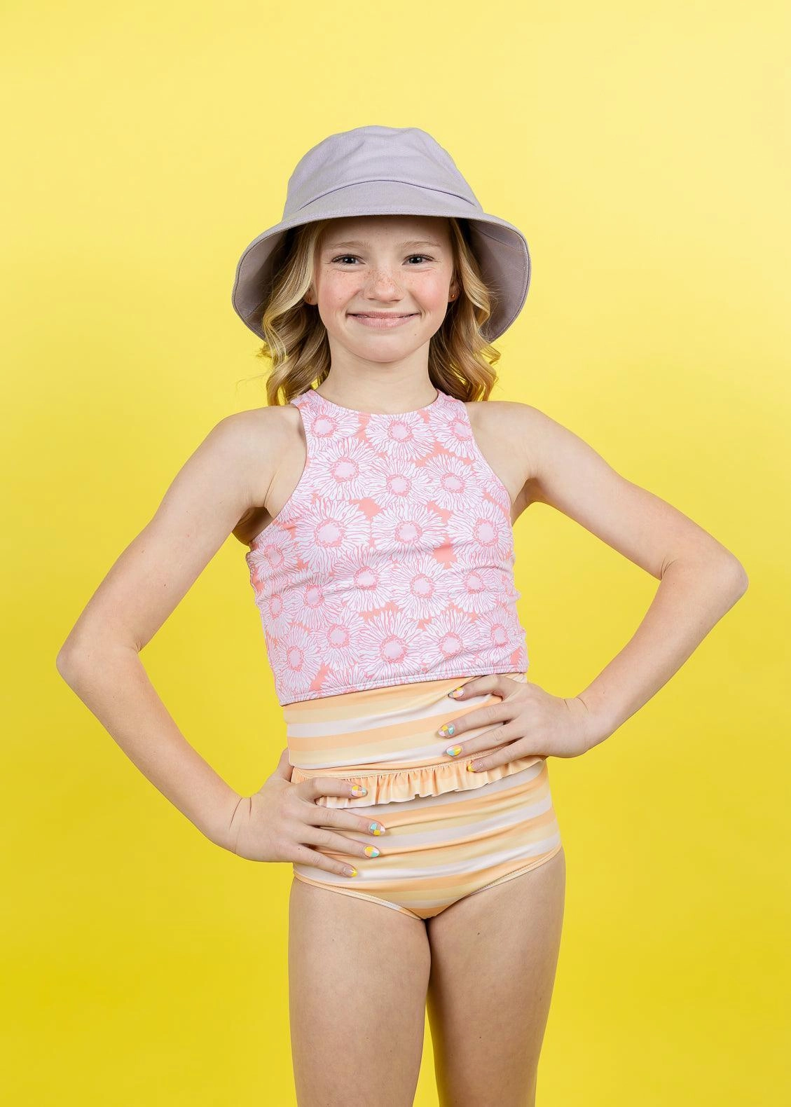 Peachy Stripe | Youth Mid-Ruffle Bottoms cute girls swimsuits, stylish swimwear for girls