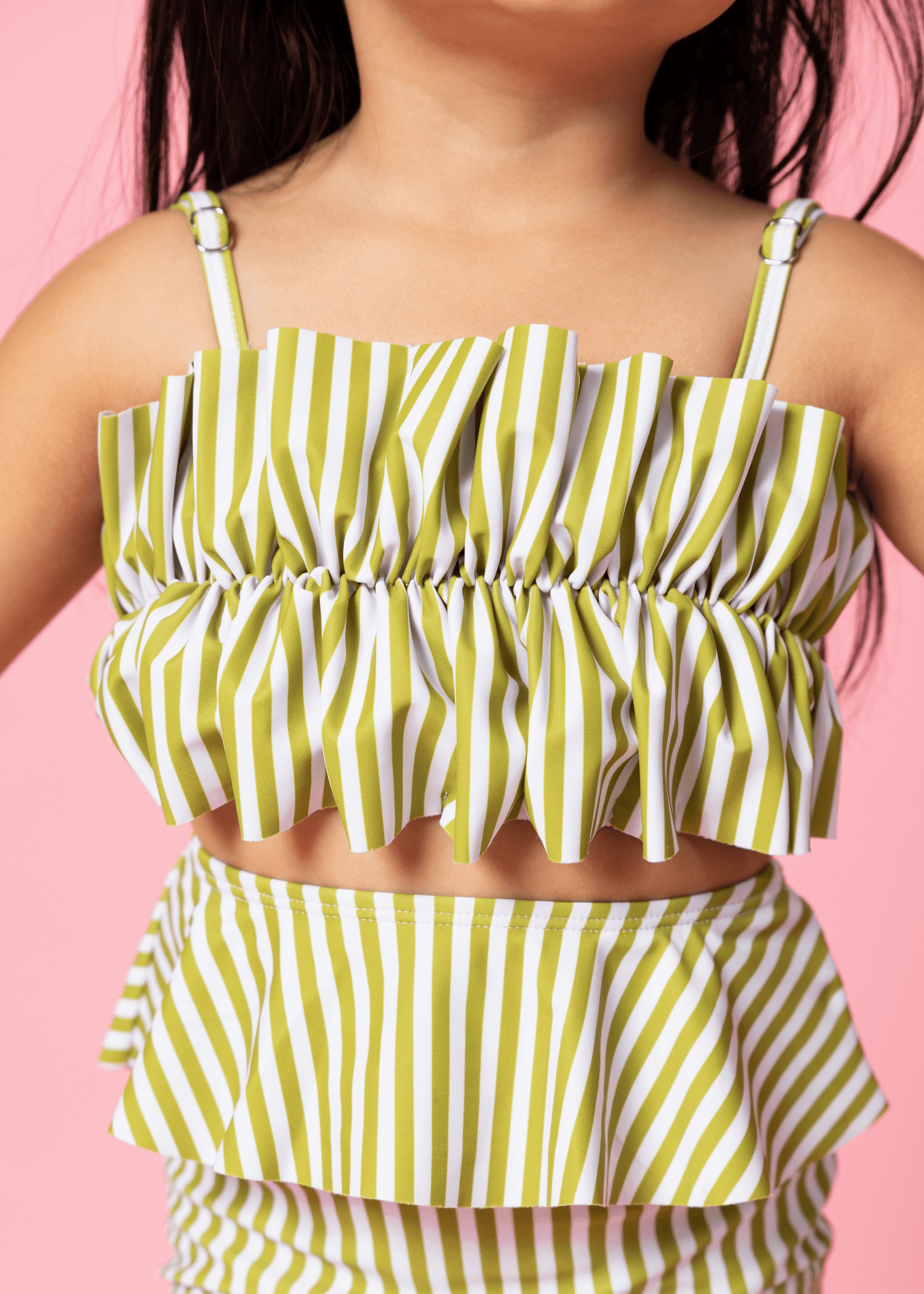 Pear Stripes | Mini Oversized Ruffle Top cute girls swimsuits, stylish swimwear for girls