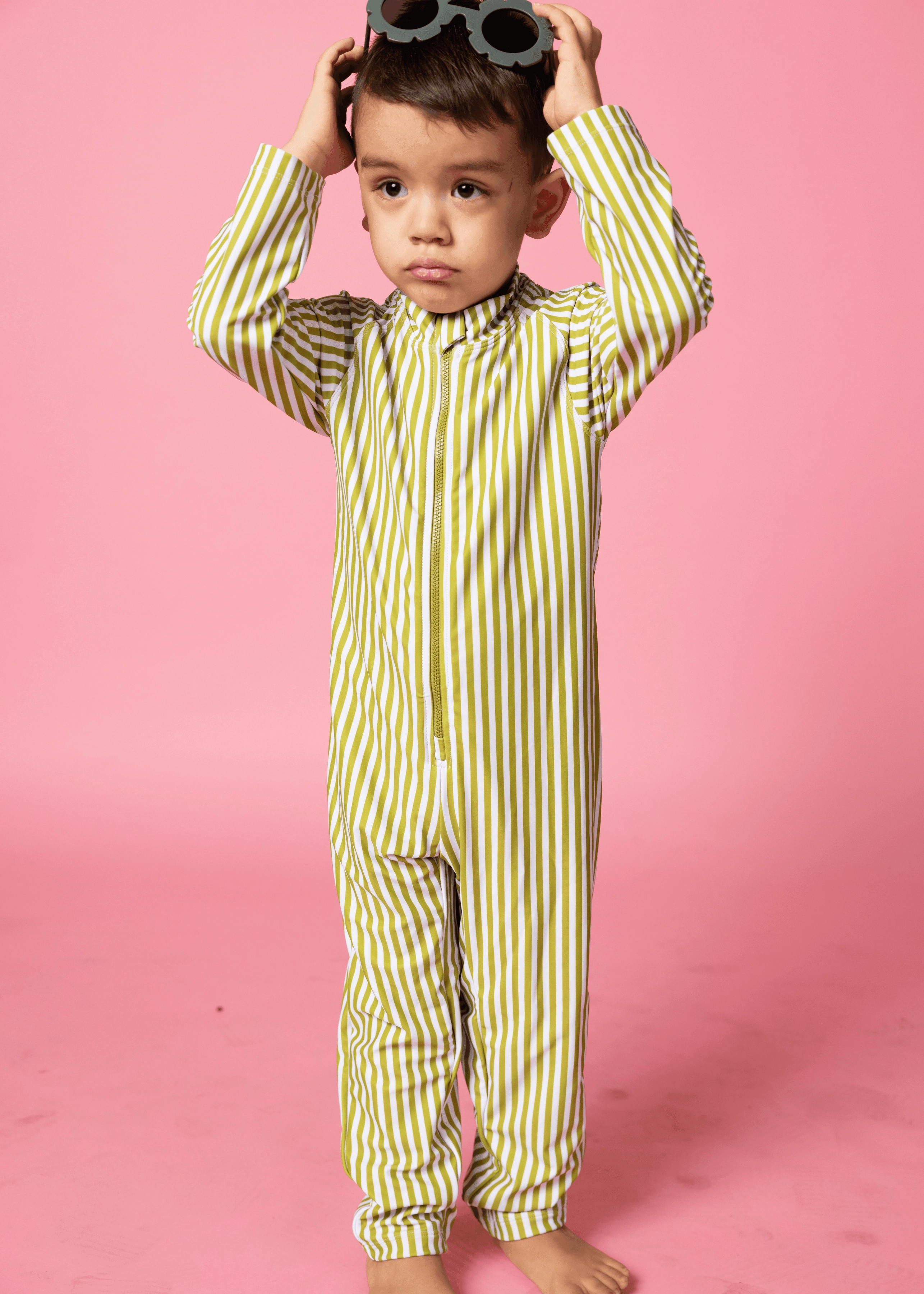 Pear Stripes | Mini Rashguard One-Piece (Unisex) boys summer swimwear, boys rash guard swim sets