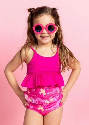 Pink Blooms | Mini Mid-Ruffle Bottoms cute girls swimsuits, stylish swimwear for girls