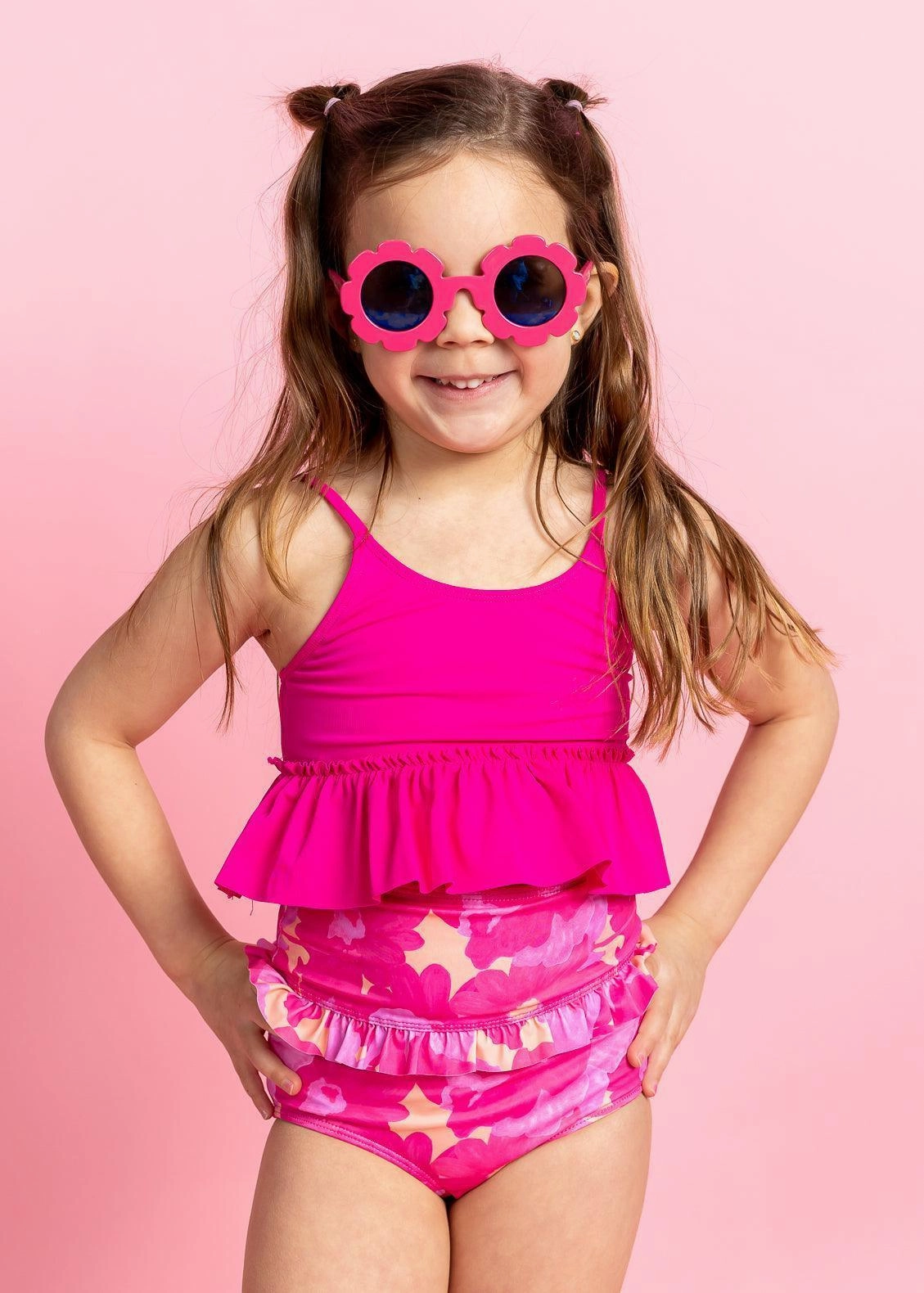 Pink Blooms | Mini Mid-Ruffle Bottoms cute girls swimsuits, stylish swimwear for girls